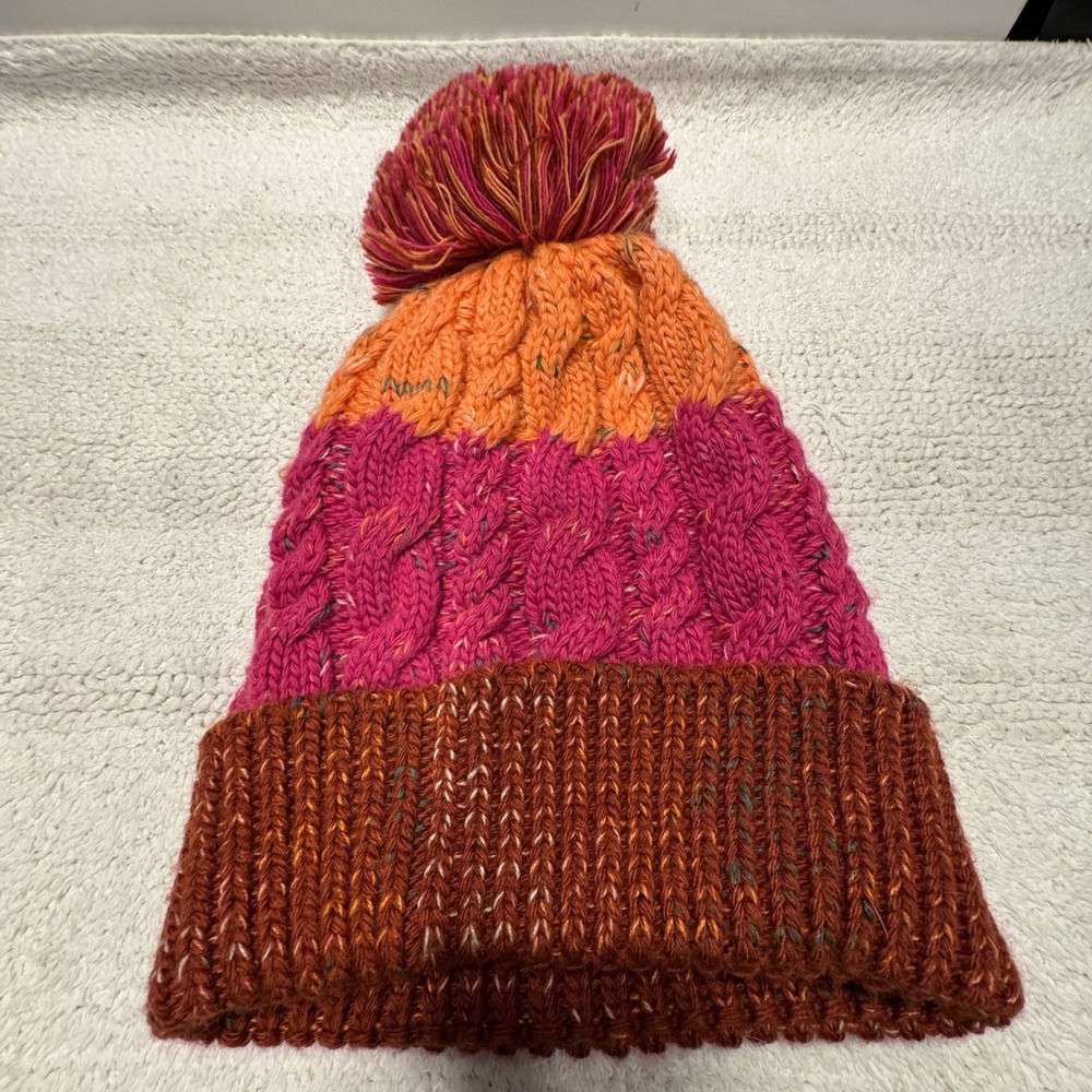 Smartwool Isto Retro Beanie Hat Women OS Pink Orange Wool Blend Cable Knit - Picture 3 of 5
